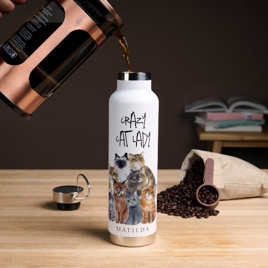 Schattige Grappige Kat 'Gekke Kat DAME' Waterfles (Koffie)