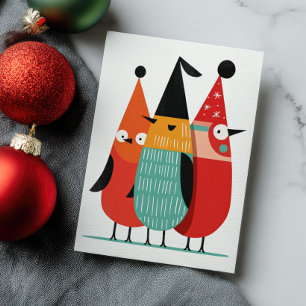 Schattige Grappige Kerst Vogels Retro Minimalistis Briefkaart