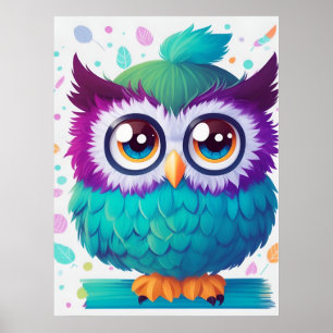Schattige Grappige Kleurrijke Comic Owl AI Art Poster