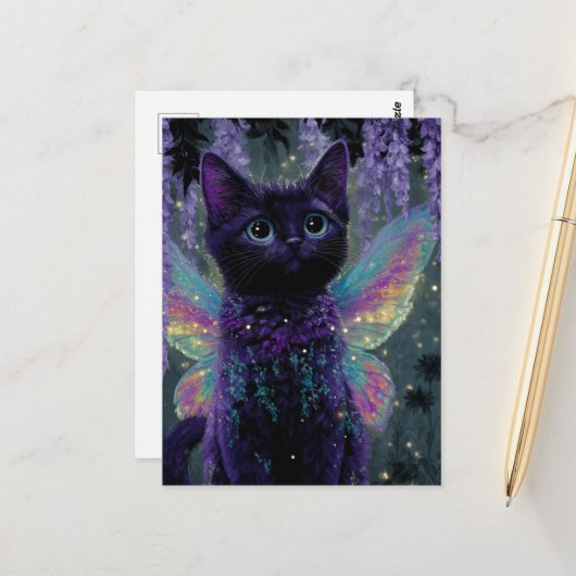 Schattige Grappige Lieve Zwarte Kat Fee Briefkaart (Voorkant / Achterkant in situ)