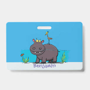 Schattige grappige nijlpaard met vogel cartoon badge