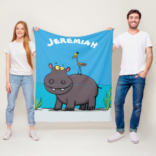 Schattige grappige nijlpaard met vogel cartoon fleece deken