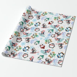 Schattige Grappige pinguïns wintersport Kerstmis Cadeaupapier