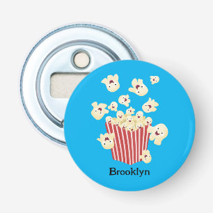 Schattige grappige springende popcorn cartoon button flesopener