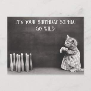 Schattige Grappige Vintage Kat Verjaardag Bowling Briefkaart
