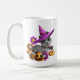 SCHATTIGE GRAY HALLOWEEN CAT MET VLOERBATTEN KOFFIEMOK
