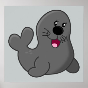 SCHATTIGE GRAY SEAL CARTOON HAPPY DIEREN ZEE CREAT POSTER