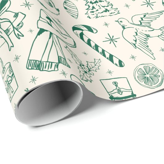 Schattige Green Doodle Christmas Wrapping Paper Cadeaupapier (Rol Hoek)