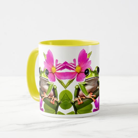 Schattige Green Frog Omgeven door Pink Flowers Mok (Voorkant links)