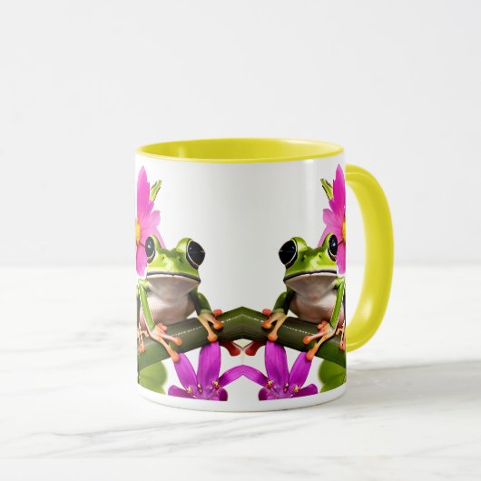 Schattige Green Frog Omgeven door Pink Flowers Mok (Voorkant rechts)
