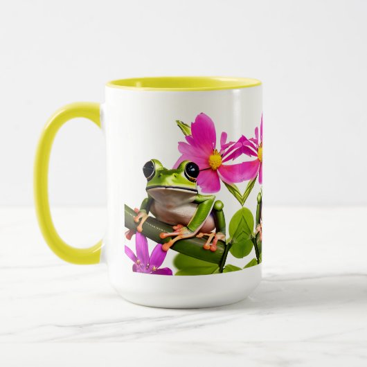Schattige Green Frog Omgeven door Pink Flowers Mok (Links)