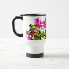 Schattige Green Frog Omgeven door Pink Flowers Reisbeker