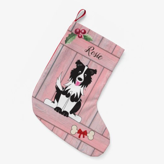 Schattige Grens Collie Roze Houten Omheining Monog Kleine Kerstsok (Voorkant (Hangend))