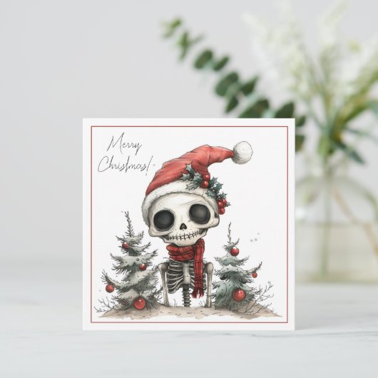 Schattige griezelig kerstskelet in een kerstmuts (Staand voorkant)