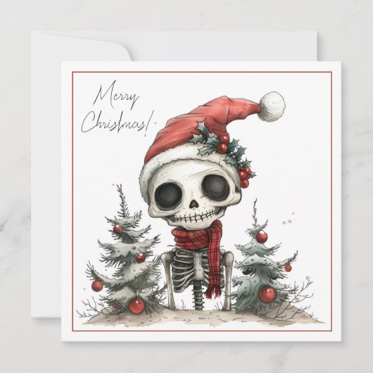 Schattige griezelig kerstskelet in een kerstmuts (Voorkant)