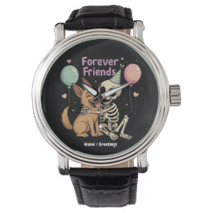 Schattige griezelig skelet knuffelende Duitse herd Horloge