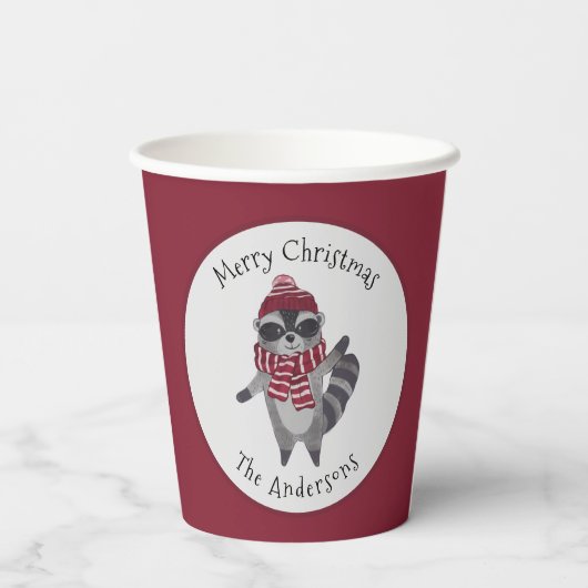 Schattige grijs en rood Waterverf kerstwasbeer Papieren Bekers (Achterkant)