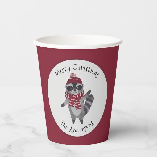 Schattige grijs en rood Waterverf kerstwasbeer Papieren Bekers (Voorkant)