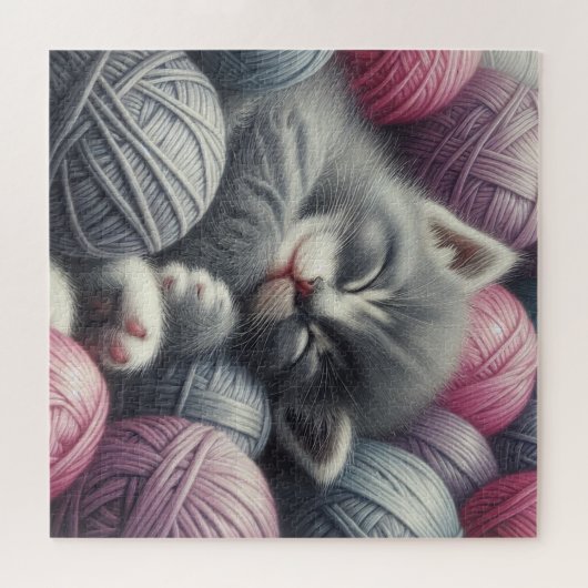 Schattige grijs en wit kitten napping in garen legpuzzel (Horizontaal)
