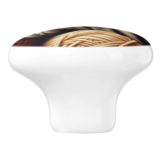 Schattige Grijs Gestreepte Kitten Napping in Garen Keramische Knop (Zijkant)