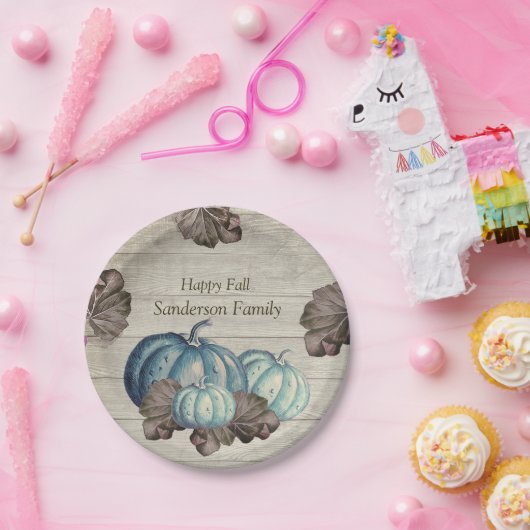 Schattige grijs hout herfst Herfst blauw pompoen p Papieren Bordje (Feest)