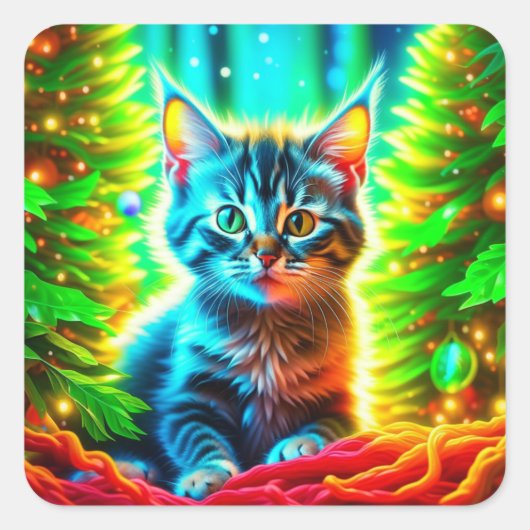 Schattige grijs katje met kerstbomen vierkante sticker (Voorkant)