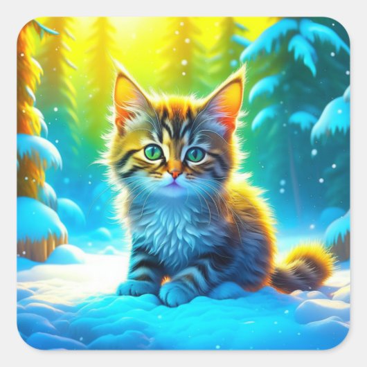 Schattige grijs kerst kitten spelen in de sneeuw vierkante sticker (Voorkant)