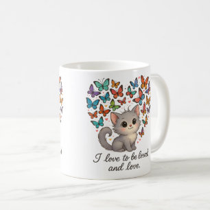 Schattige grijs kitten met kleurrijke vlinders koffiemok