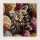 Schattige Grijs Kitten Napping in Balls of Yarn Legpuzzel (Horizontaal)