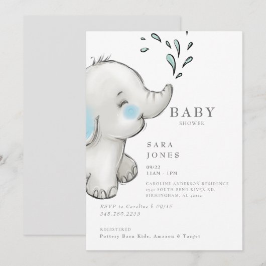 Schattige grijs olifant Baby shower Kaart (Voorkant / Achterkant)