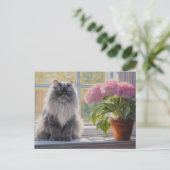 Schattige Grijs Perzisch Kat met Roze Bloeiend Pla Feestdagenkaart (Staand voorkant)