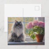 Schattige Grijs Perzisch Kat met Roze Bloeiend Pla Feestdagenkaart (Voorkant / Achterkant)