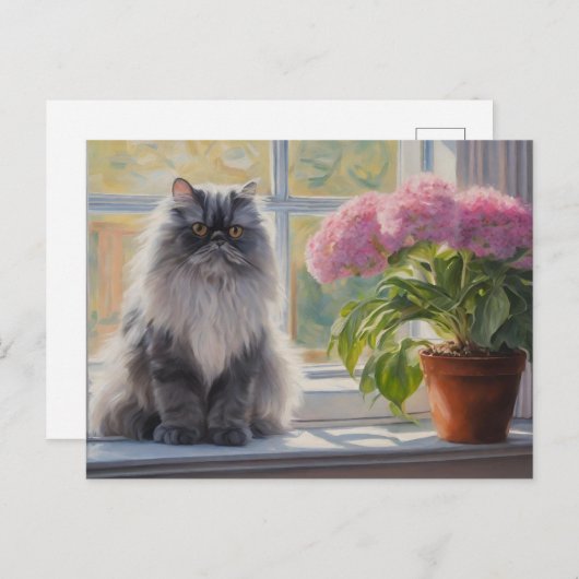 Schattige Grijs Perzisch Kat met Roze Bloeiend Pla Feestdagenkaart (Voorkant / Achterkant)