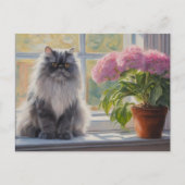 Schattige Grijs Perzisch Kat met Roze Bloeiend Pla Feestdagenkaart (Voorkant)