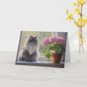 Schattige Grijs Perzisch Kat met Roze Bloeiend Pla Kaart (Gele Bloem)