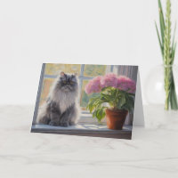 Schattige Grijs Perzisch Kat met Roze Bloeiend Pla