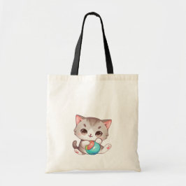 Schattige grijs roze kattenspel met bal tote bag