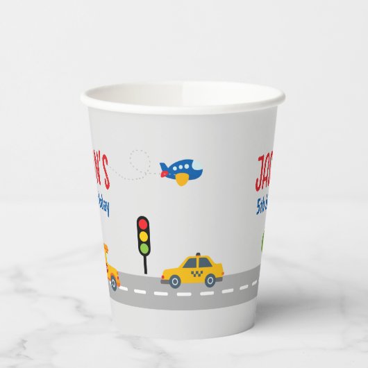 Schattige grijs stadsverkeer Kind verjaardagsfeest Papieren Bekers (Links)