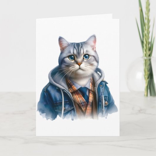 Schattige Grijs Tabby Kat met Blauwe Ogen Dragen H Kaart (Voorkant)