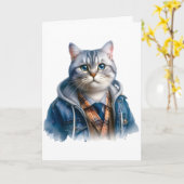 Schattige Grijs Tabby Kat met Blauwe Ogen Dragen H Kaart (Gele Bloem)