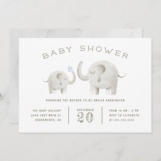 Schattige grijs Waterverf olifant Baby shower Kaart (Voorkant / Achterkant)