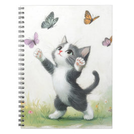 SCHATTIGE GRIJS & WIT KITTEN MET VLINDERS NOTITIEBOEK