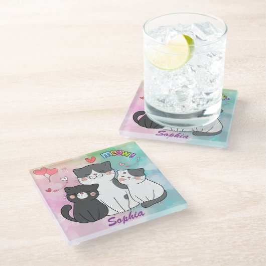 Schattige grijsachtige katten miauw liefde geperso glazen onderzetter (Schuin)