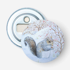 schattige grijze eekhoorn sneeuwscène natuurkunst button flesopener