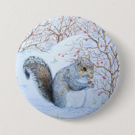 schattige grijze eekhoorn sneeuwscène natuurkunst ronde button 7,6 cm