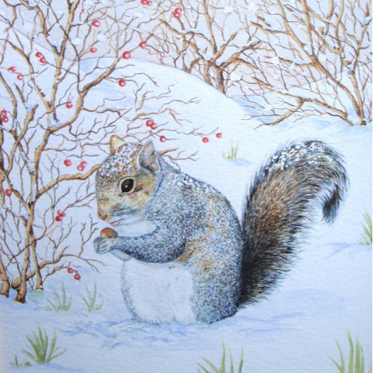 schattige grijze eekhoorn sneeuwscène natuurkunst tin sneeuwvlok ornament