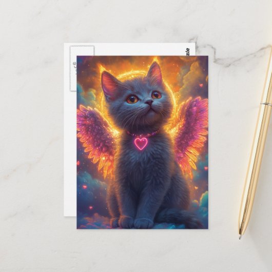 Schattige Grijze Engel Kitty Briefkaart (Voorkant / Achterkant in situ)