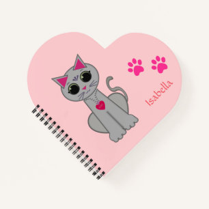 Schattige grijze kat & naamcalligrafie op roze notitieboek