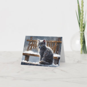 Schattige grijze kat op bankje Winter Sneeuw Blanc Kaart