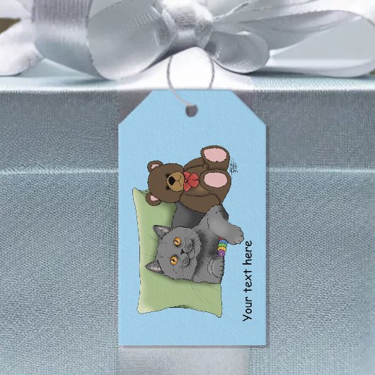 Schattige Grijze Kat Teddybeer Grappig Blauw Cadeaulabel